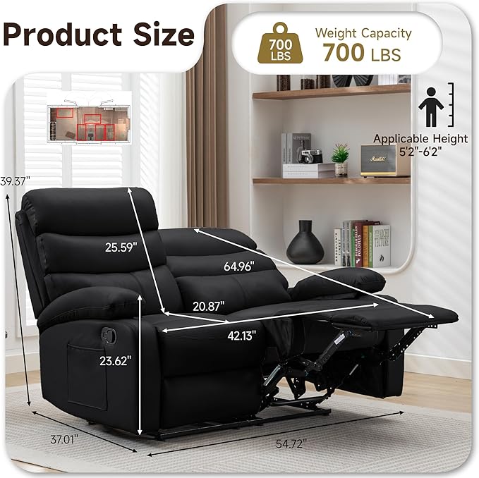 Reclining Loveseat, PU Leather Double Recliner Sofa with Side Pocket, Wall Hugger Loveseat Recliner for Living Room, RV, Home Theater(Black)