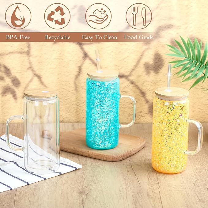 20 Oz Glass Snow Globe Tumbler with Handle, 4 Pack Pre-Drilled Double Wall Snowglobe Cup Coffee Mug for DIY Glitter Snow Globe, Outside 20 Oz Inside 16 Oz