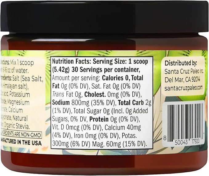 Santa Cruz Paleo Electrolyte Powder, Kiwi Flavor, Sugar Free Hydration Drink Mix with Himalayan Pink Salt, Sea Salt, Magnesium Glycinate, Potassium Chloride, Sweetened with Stevia, 30 Servings