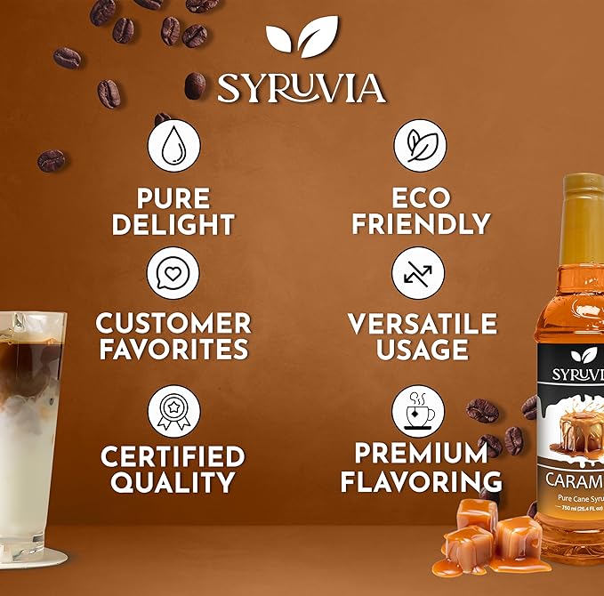 Syruvia Caramel Syrup - 25.4 fl oz. Premium Coffee Flavoring Syrup. Kosher, and Gluten-Free. Perfect for Enhancing Drinks, Sodas, Shakes, Desserts, and More With Pump (Pack of 4)