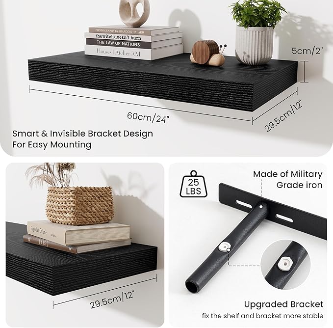 Fun Memories 24 Inch Floating Shelves Wall-Mounted, 12 Inch Deep Wall Shelves, 24 x 12 Floating Shelf, Deep Storage Shelf for Living Room Bathroom Bedroom, Black, Set of 2