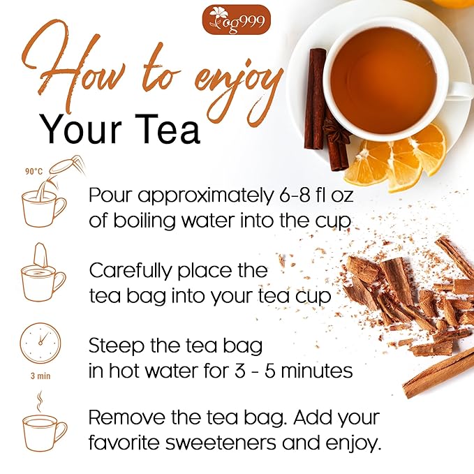 TOG999, Premium 20 Cinnamon Tea Bags, 100% Natural & Pure. Cinnamon Herbal Tea. No Sugar, No Caffeine, No Gluten, Vegan.