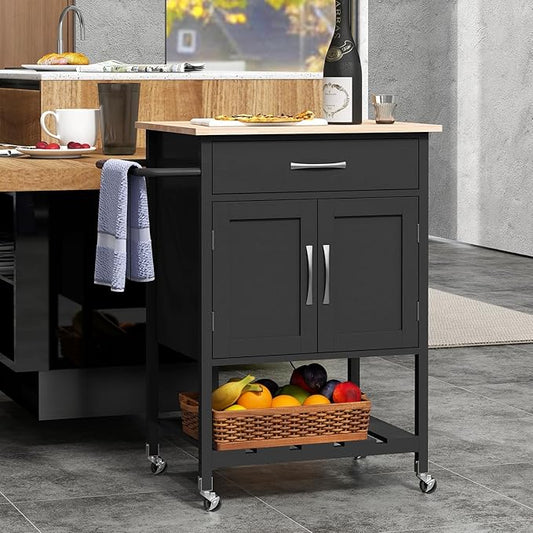 Giantex Rolling Kitchen Island Cart, Mobile Serving Cart with Drawer, 2-Door Storage Cabinet, Storage Shelf, Towel Rack, Food Prep Utility Cart on Wheels for Dining Room, Living Room (Black)