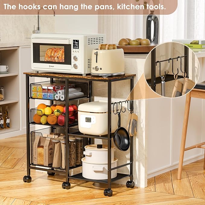 Kitchen Cart with Storage Shelf - Kitchen Organizer and Storage Cart, 3-Tier Microwave Cart with Storage Drawers, Wooden Top Metal Wire Utility Cart with Lockable Wheels for Kitchen
