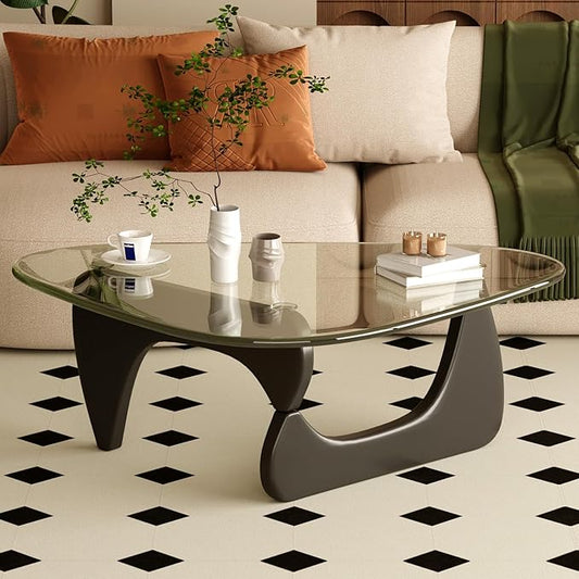 Coffee Table for Living Room Mid Century Modern Center Table with Glass Top and Wood, Transparent/Black