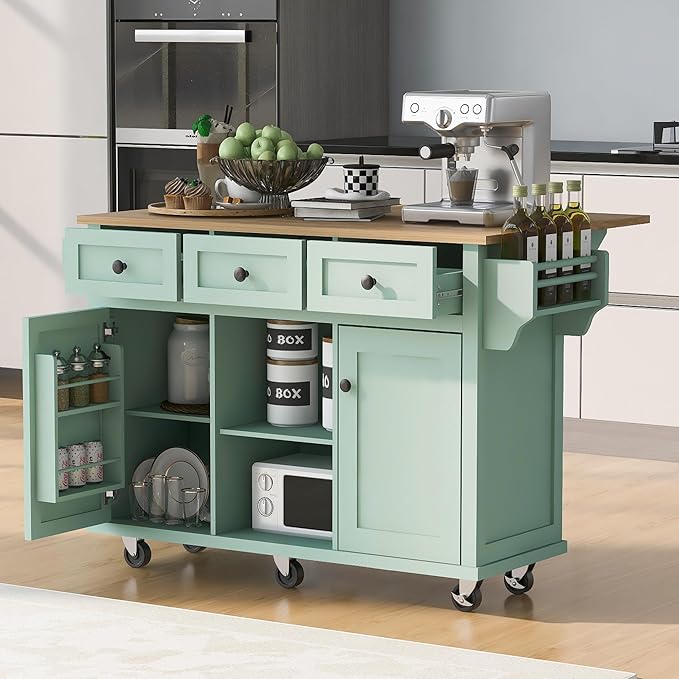 Yayzy Rolling Kitchen Island with Drop Leaf & Cabinet Door Storage Racks, 53” Kitchen Cart with 3 Drawers, Rubberwood Top, Locking Wheels, for Kitchen and Dining Room, Mint Green