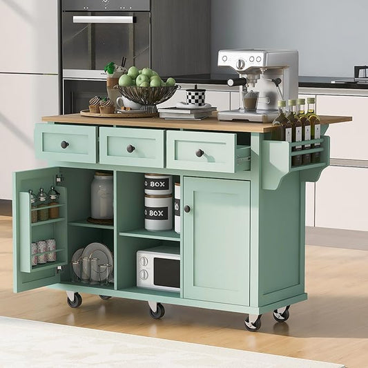 Yayzy Rolling Kitchen Island with Drop Leaf & Cabinet Door Storage Racks, 53” Kitchen Cart with 3 Drawers, Rubberwood Top, Locking Wheels, for Kitchen and Dining Room, Mint Green
