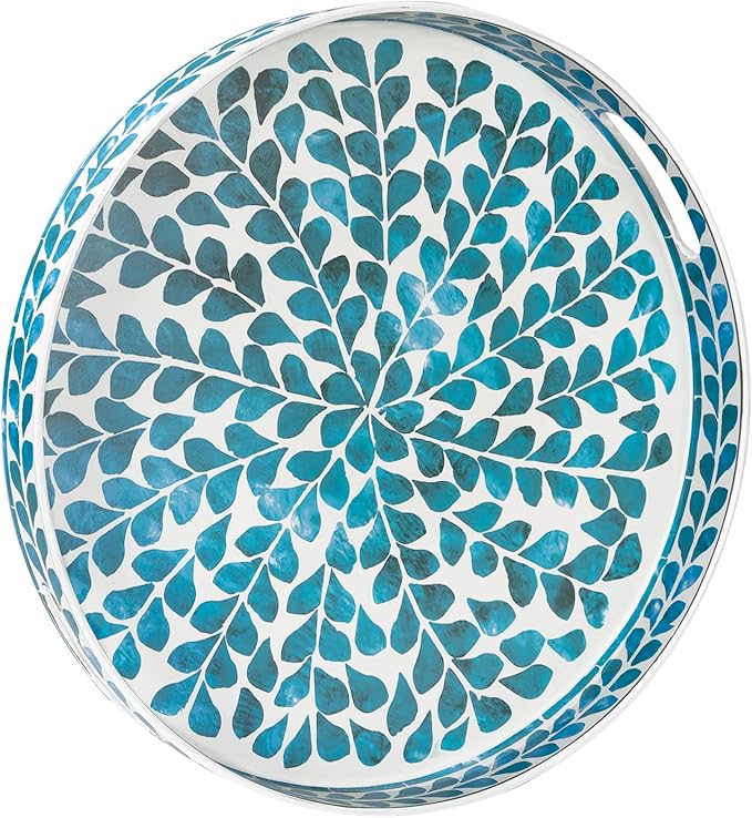 MAONAME Blue Decorative Tray, 13" Round Serving Tray with Handles, Leaf Pattern Sticker Trays for Coffee Table, Plastic Trays for Living Room, Bedroom