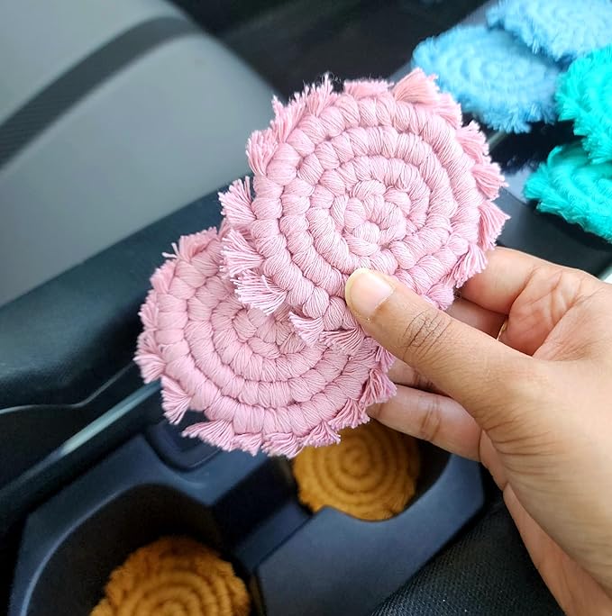 Cotton Car Coasters for Cup Holders, 2PC Car Cup Coasters, Drink Coaster Holder, Cute cupholder Coaster Accessories for Women, Macrame, Boho(Champagne Pink)