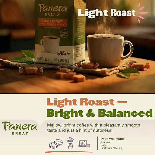Panera Light Roast Ground Coffee, 100% Arabica, Sustainably Sourced – Smooth, Bright & Balanced Flavor – Clean Label, No Artificial Ingredients – Kosher, Gluten-Free 12oz Bag Pack of 6 (72oz Total)