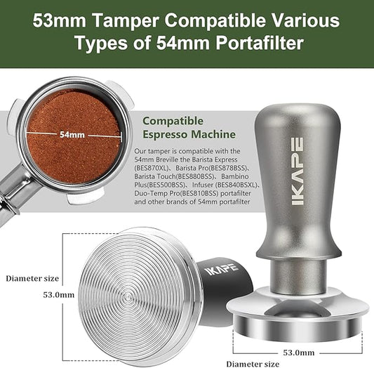 IKAPE 53mm Espresso Tamper, Premium Barista Coffee Tamper with Calibrated Spring Loaded, 100% Flat Stainless Steel Base Tamper Fits for Breville Series 54mm Portafilter Basket