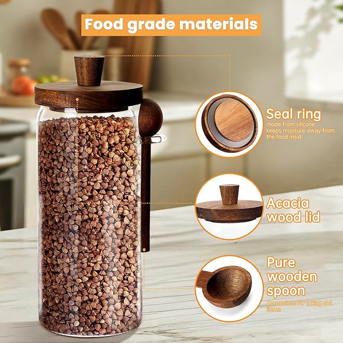 Glass Coffee Bean Storage Container, Wood Lid with Spoon, Airtight Silicone Seal, BPA-Free (1000ML/33.82OZ)
