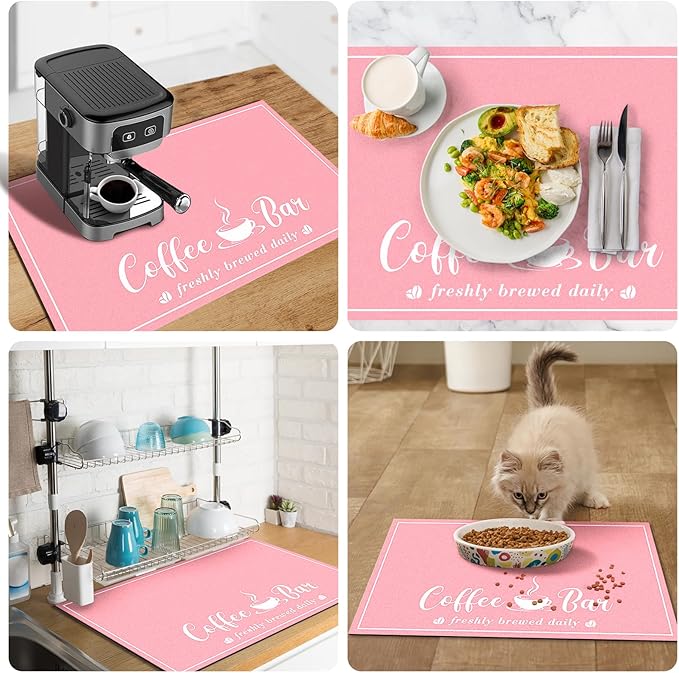 Absorbent Coffee Mat, Fashion Dish Drying Mat for Kitchen Counter Coffee Bar Accessories Espresso Machine Dish Rack 12" x 20" Pink
