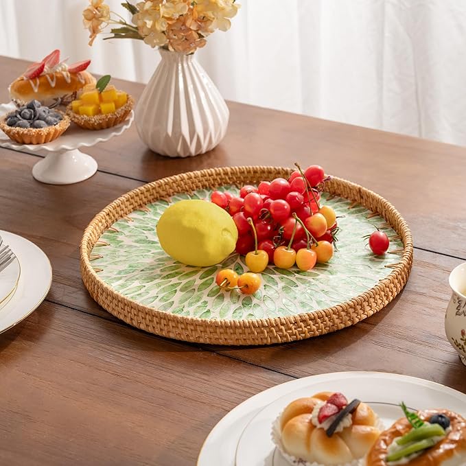 StorageWorks Decorative Coffee Table Trays for Home Decor, Round Rattan Tray with Mother of Pearl Inlay, Large Wicker Woven Serving Tray Decor for Kitchen Counter,Living Room and Ottoman, Green
