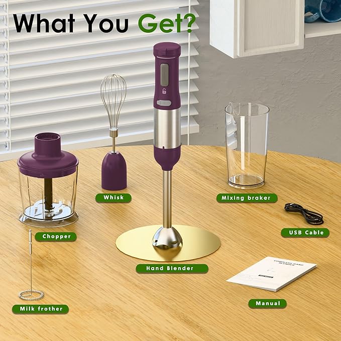 Cordless Immersion Hand Blender, 5-in-1 Variable Speed blender handheld,Rechargeable with 2000mAh Battery, BPA-Free & Dishwasher-Safe Accessories:700ml Beaker,Chopper,Whisk & Milk Frother,Plum