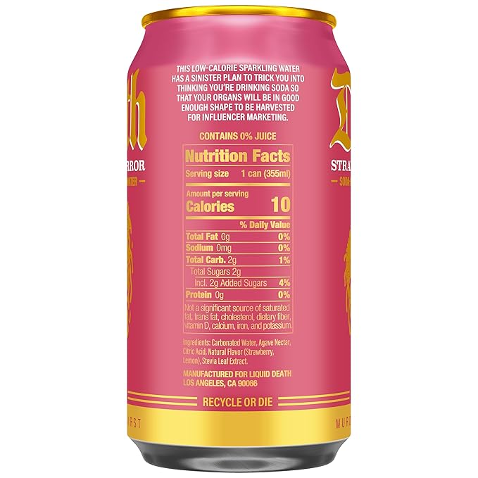 Liquid Death Soda-Flavored Sparkling Water - Strawberry Terror, Less Sugar*, Huge Flavor, No Caffeine, No Artificial Sweeteners, 12 Fl Oz (Pack of 12)