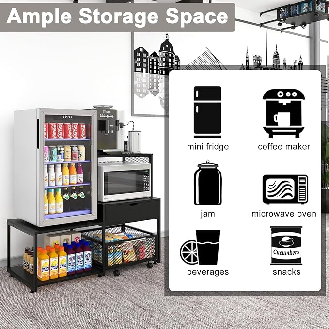PUNCIA Mini Fridge Stand with Storage, Coffee Bar Cabinet with Power Outlet and Drawer — Beverage Refrigerator Table, Microwave Oven Stand with Rolling Basket for Home, Dorm, Apartment, Pantry