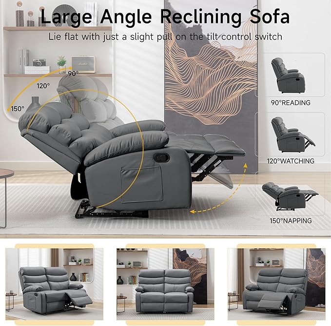Reclining Loveseat, Anti-Scratch Leather Double Recliner Sofa with Side Pocket, Wall Hugger Loveseat Recliner for Living Room, RV, Home Theater(Grey)
