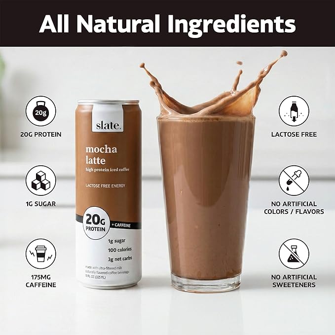 Slate Milk - High Protein Iced Coffee - Mocha Latte - 175mg Caffeine, Lactose Free Energy - 20g Protein, 1g Sugar, 100 Calories, 3g Net Carbs, No Sugar Added - Protein Coffee - 11 fl oz, 24 Cans