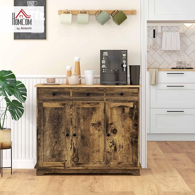 HOMCOM Sideboard Buffet Cabinet with Solid Wood Countertop, Modern Kitchen Storage Cabinet, Coffee Bar Cabinet with 3 Drawers, Doors and Adjustable Shelf, Rustic Brown