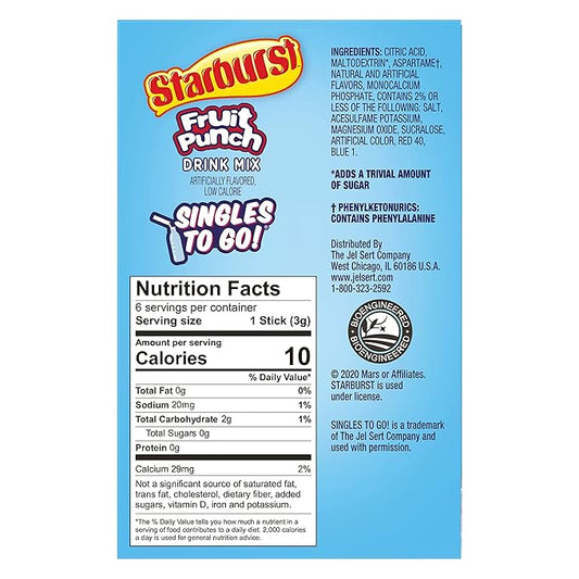 Starburst Singles To Go Powdered Drink Mix, Fruit Punch, 3 Boxes with 6 Packets Each - 18 Total Servings, Sugar-Free Drink Powder, Just Add Water, 6 count (Pack of 3)