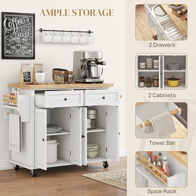 HOMCOM Kitchen Island Cart with Rubber Wood Top, Rolling Kitchen Island Table on Wheels with Drawers, Adjustable Shelves, Spice Rack and Towel Rack for Dining Room, Cream White