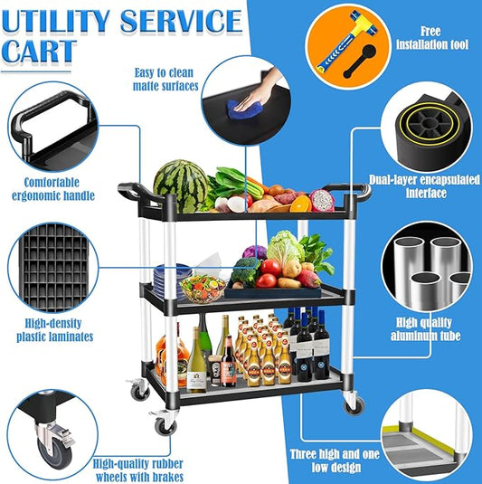 AQNIEGEP Utility Carts with Wheels, Heavy-Duty 510lbs Rolling Cart w/Lockable Wheels, Restaurant/Kitchen/Food Service Cart on Wheels, 3 Tier 16.9" D x 31.5" W x 39.5" H