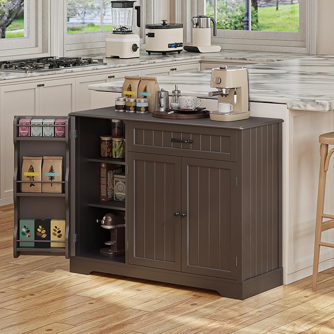 Gizoon Kitchen Coffee Bar Cabinet with Storage Kitchen Sideboard Buffet Cabinet with Drawers, Short Pantry with Door and Shelves for Bathroom and Living Room, Dark Brown