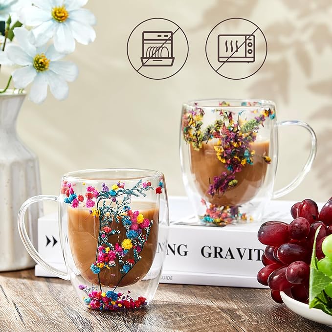 Rtteri 2 Pcs Double Wall Glass Coffee Mugs Clear Flower Coffee Mug with Handle 350 ml Creative Insulated Heat Resistant Coffee Cups for Tea Cappuccino Espresso Latte (Immortal Flower, Baby's Breath)