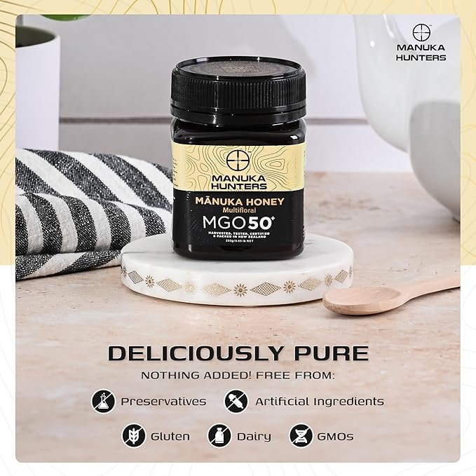 Manuka Hunters/MGO 50+ Certified New Zealand Manuka Honey - 100% Pure Natural Sweetener - Gluten, Dairy Free - Ideal for Tea, Coffee, Smoothies, and Baking - Sustainable - 8.8oz/250g Jar