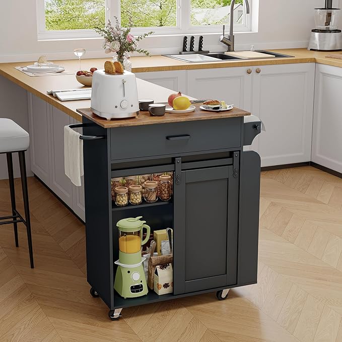 Kitchen Island with Storage, Kitchen Storage Cabinets with Charging Station, Kitchen Island on Wheels, Rolling Island Table with Sliding Cabinet Door, Black and Rustic Brown ZD01UBR