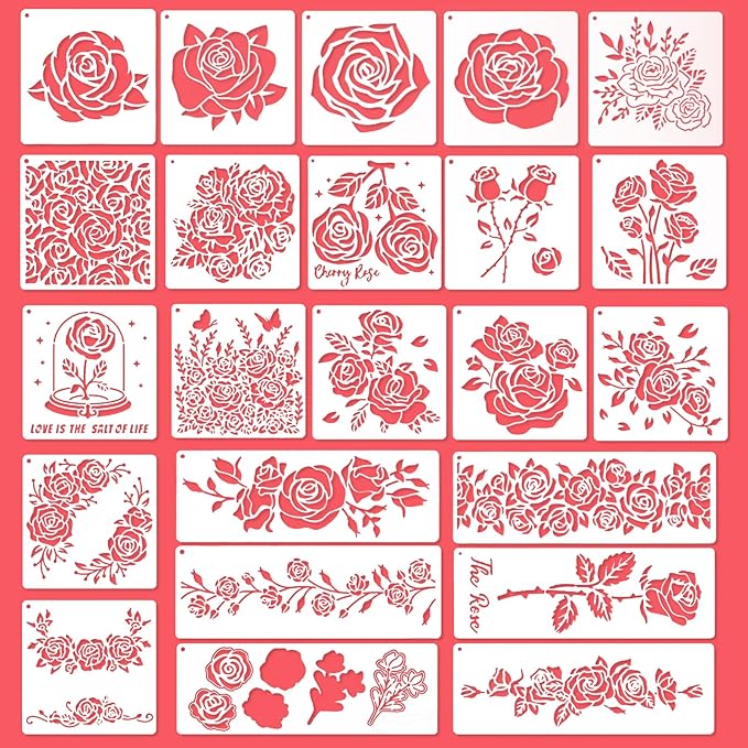 Rose Flower Cake Stencils Kit Reusable Floral Cookie Coffee Stencil Drawing Template for Valentines Day Dessert Buttercream Painting DIY Crafts Decor (23 Pcs)