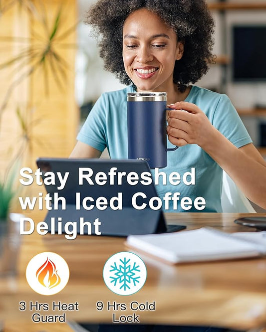 Insulated Coffee Mug 24 oz, Double Wall Stainless Steel Coffee Mug with Lids, Leak-Proof & Detachable Slider Lid for Thorough Clean, Keeps Coffee Cold for 9 Hrs, Suitable for Camp Home Office