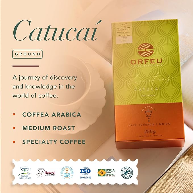 Catucaí Roasted and Ground Coffee 8.8 oz – Notes of Molasses, Caramel and Honey – Natural Sweetness, Balanced Profile and Medium-Light Roast – Café Orfeu
