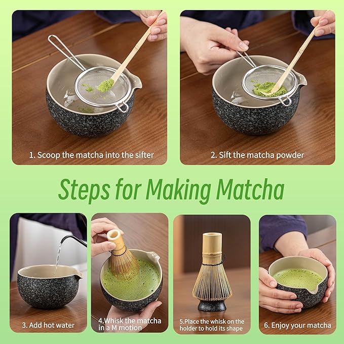 TEANAGOO 12 Pcs Matcha Whisk Set Black,Ceramic Matcha Set,Matcha Kit for Ceremony,Complete Travel Matcha Tea Set,Matcha Set Whisk and Bowl with 2 Cups(7.2oz)/Traveling Bag,Gifts for Matcha Lover