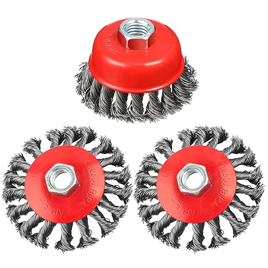 Rocaris 3 Pack Wire Wheel Cup Brush for Angle Grinders,3 & 4 Inch Twisted Knotted & Coarse Crimped Cup Brush,5/8-11 Inch Threaded Arbor for Rust, Corrosion
