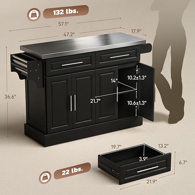 HOMCOM Rolling Kitchen Island Cart with 47" Stainless Steel Top, Portable Island Table for Kitchen with Wheels, Adjustable Shelves, 2 Drawers, Spice, Knife and Towel Rack, Black