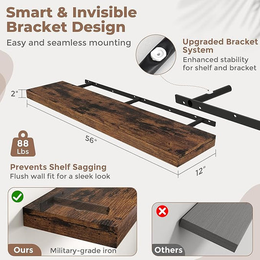 12" Deep Floating Shelves for Wall with Invisible Brackets, Wall Mounted Engineered Wood Shelves with Wood Grain for Living Room, Bedroom, Kitchen Decor and Storage, 55"L Set of 1, Rustic Brown