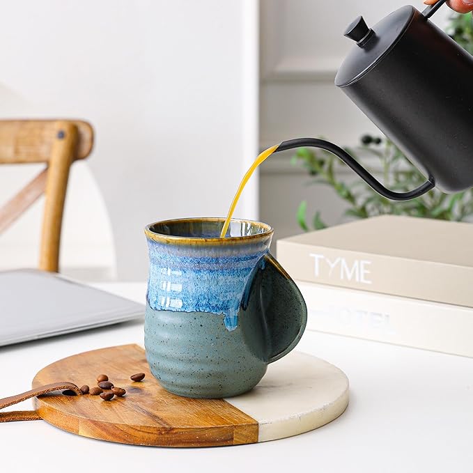 Mkour 21oz Large Ceramic Coffee Mugs, Handmade Tea Cups with Comfortable Handle for Office and Home, Microwave and Dishwasher Safe (Blue Grey)