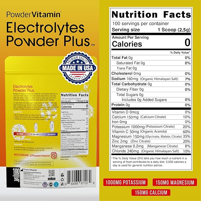 PowderVitamin Electrolytes Powder Plus (100 Servings) Unsweetened Black Tea Electrolyte Powder Keto,SugarFree,Pink Himalayan Salt,1000mgPotassium,150mgCalcium,150mgMagnesium,Hydration Powder NO STEVIA
