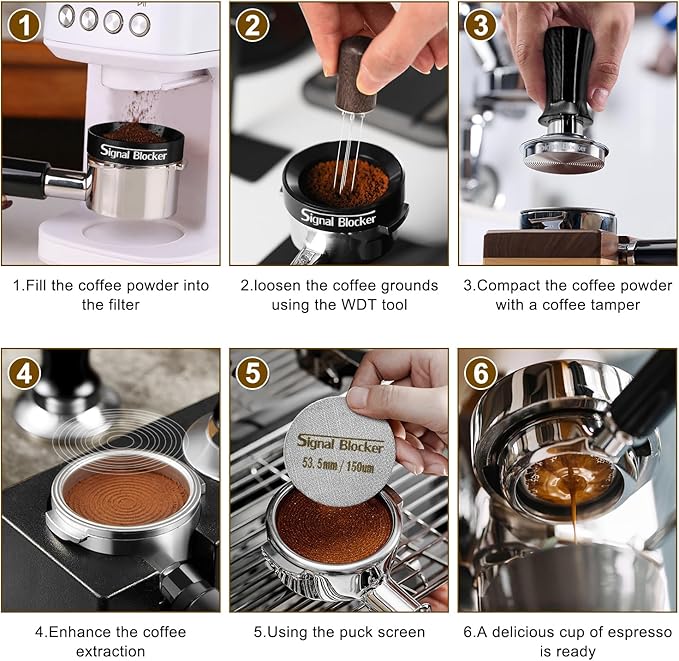 53mm Espresso Coffee Tamper for Espresso Machine: Calibrated Spring Loaded & Stainless Steel Ripple Base - Carbon Fiber Handle with Constant 30lb Fits All 54mm Portafilters | Bundle Including WDT Tool