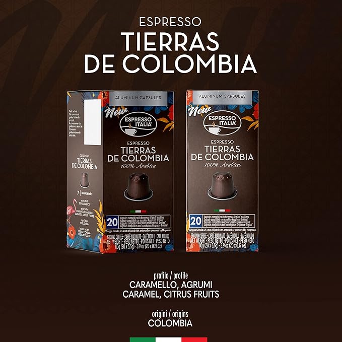 ESPRESSO ITALIA 100 Aluminum Capsules Compatible with Nespresso Original Lines Machines - TIERRAS DE COLOMBIA BLEND, Italian Espresso Coffee Pods