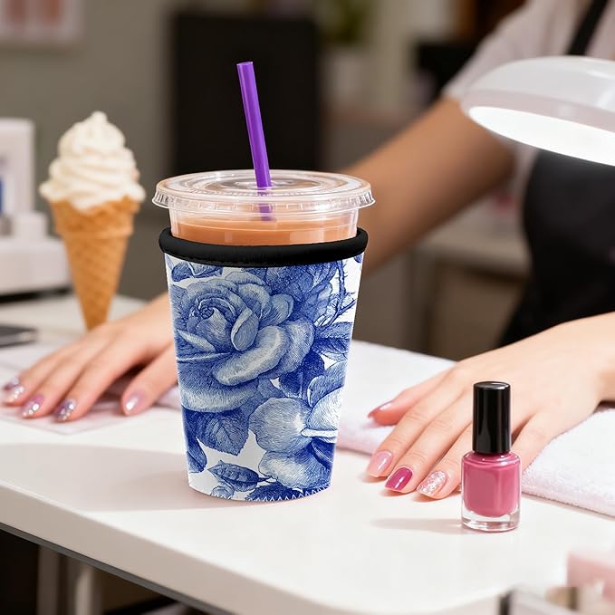 Blue Rose Floral Iced Coffee Sleeve Set chinoiserie blue blue floral coffee sleeve Set of 3 Fits 16oz 24oz 30oz Cups Vintage Botanical Pattern Insulated Coffee Sleeve for Women & Gifts
