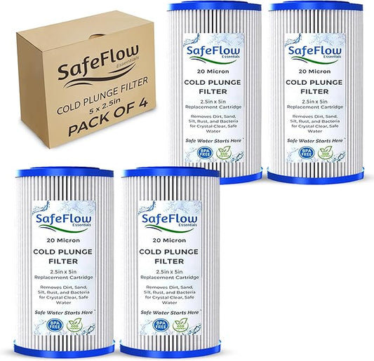 SafeFlow Essentials 5" x 2.5" Cold Plunge Filter 20 Micron – Fits The Pod Ice Cold Plunge Water Chiller, Cold Plunge Filters, and Under Kitchen Sink Systems (4)