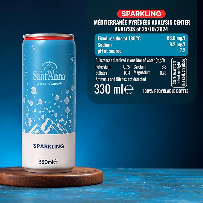 Sant'Anna Sparkling Natural Mineral Water, 11.16 Fl Oz (24-Pack) | Pure French Pyrenees Mountain-Fresh Drinking Water | Natural Functional Drink | Sodium-Free Mineral in Cans