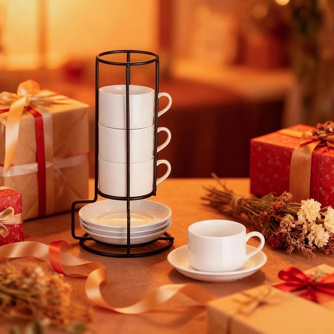 Meichu 2.5oz Porcelain Stackable Espresso Cups with Saucers and Metal Stand Set of 4, Stackable Espresso Cups Set of 4, White Expresso Shots Cup Set for Cappuccino, Coffee Drinks, Latte, Tea