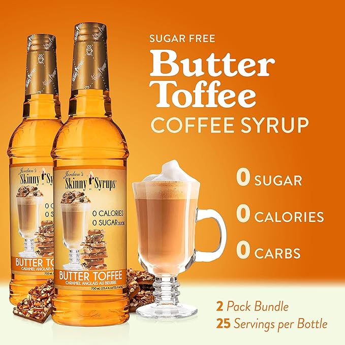 Jordan's Skinny Syrups Sugar Free Coffee Syrup, Butter Toffee Flavor Drink Mix, Zero Calorie Flavoring for Lattes, Protein Shake, Food & More, Gluten Free, Keto Friendly, 25.4 Fl Oz, 2 Pack