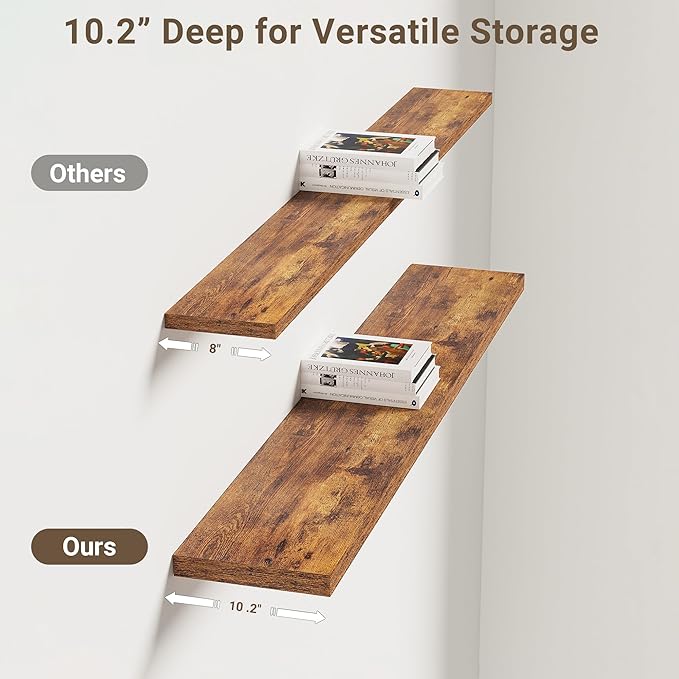 Vivelove 10 Inch Deep Floating Shelves 48 inch Long, 47.2 x 10 Wide Wall Shelves with Invisible Brackets, for Bedroom Bathroom Living Room Kitchen Office, Farmhouse Home Decor, Set of 2, Rustic Brown