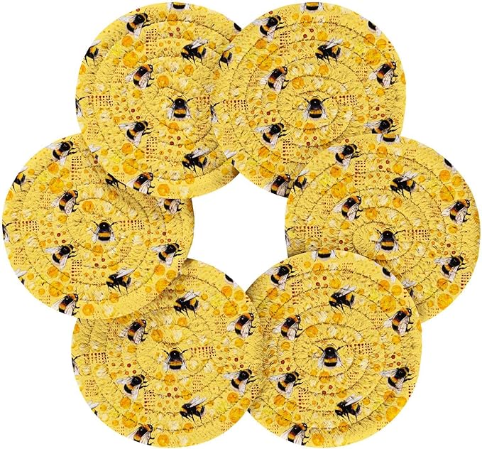 Yellow Honeycomb Drink Coasters Set of 6 - Absorbent Decorative Bar Coasters for Coffee Table Protection