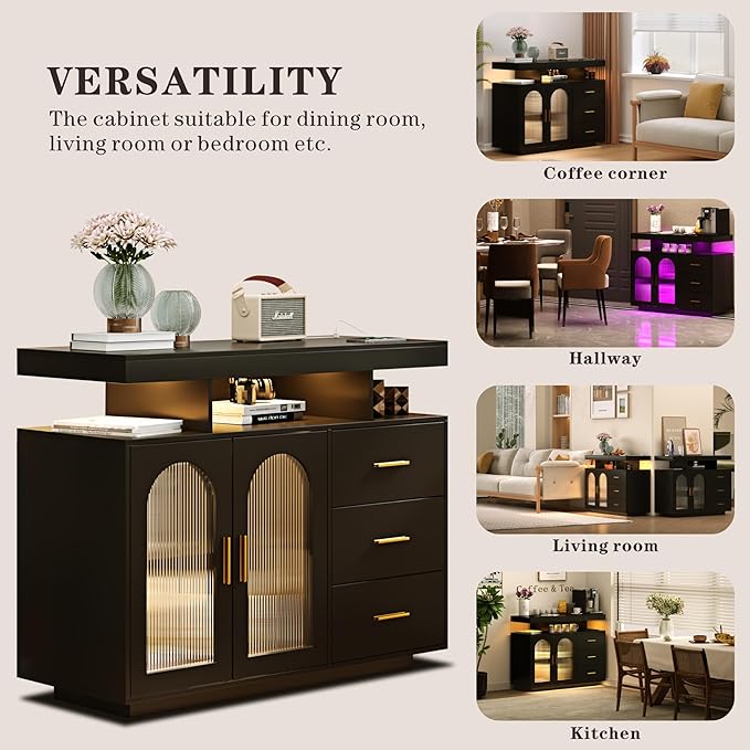 Buffet Cabinet with Storage, Modern Coffee Bar Table with 3 Drawers and 2 Doors for Kitchen, 20-Color LED Lights Sideboard Buffet Cabinet with Charging Station, Black